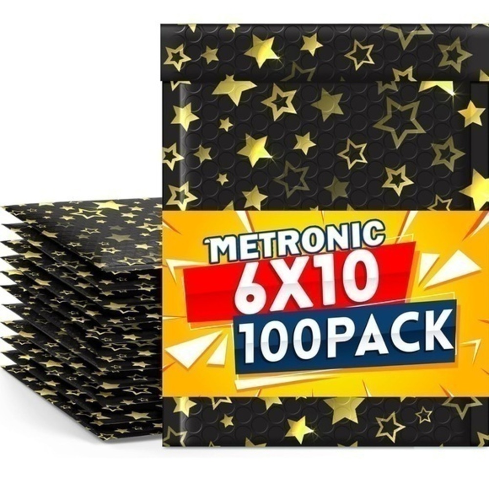 100 Pack Black Gold Stars Bubble Mailers 6x9 NWT